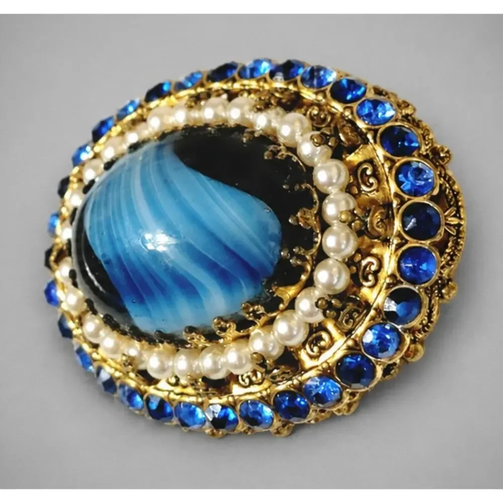 Stunning Blue Slag Glass Brooch Pin Rhinestones 2